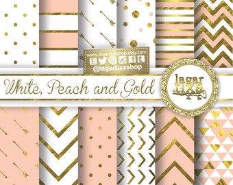 Gold Pale Pink, Peach, Vintage rose, Digital Paper Background Chevron Polkadots, arrows, triangles, Scrapbooking Blog invitations cards