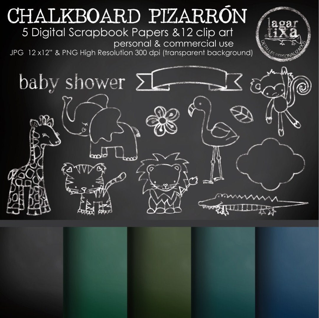 Overlays Sidewalk Chalk Art Chalkboard Animals Clipart Digital Paper Background Green Blue Black