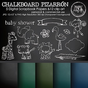Overlays Sidewalk Chalk art Chalkboard Animals Clipart Digital Paper Background Green Blue Black Flamingo Lion Elephant Tiger Giraffe Monkey