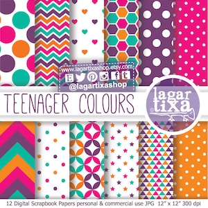 Puede incluir: Doce papeles digitales para scrapbooking con varios patrones geométricos en turquesa, naranja, morado, rosa y blanco. Los papeles miden 12 pulgadas por 12 pulgadas y 300 dpi.