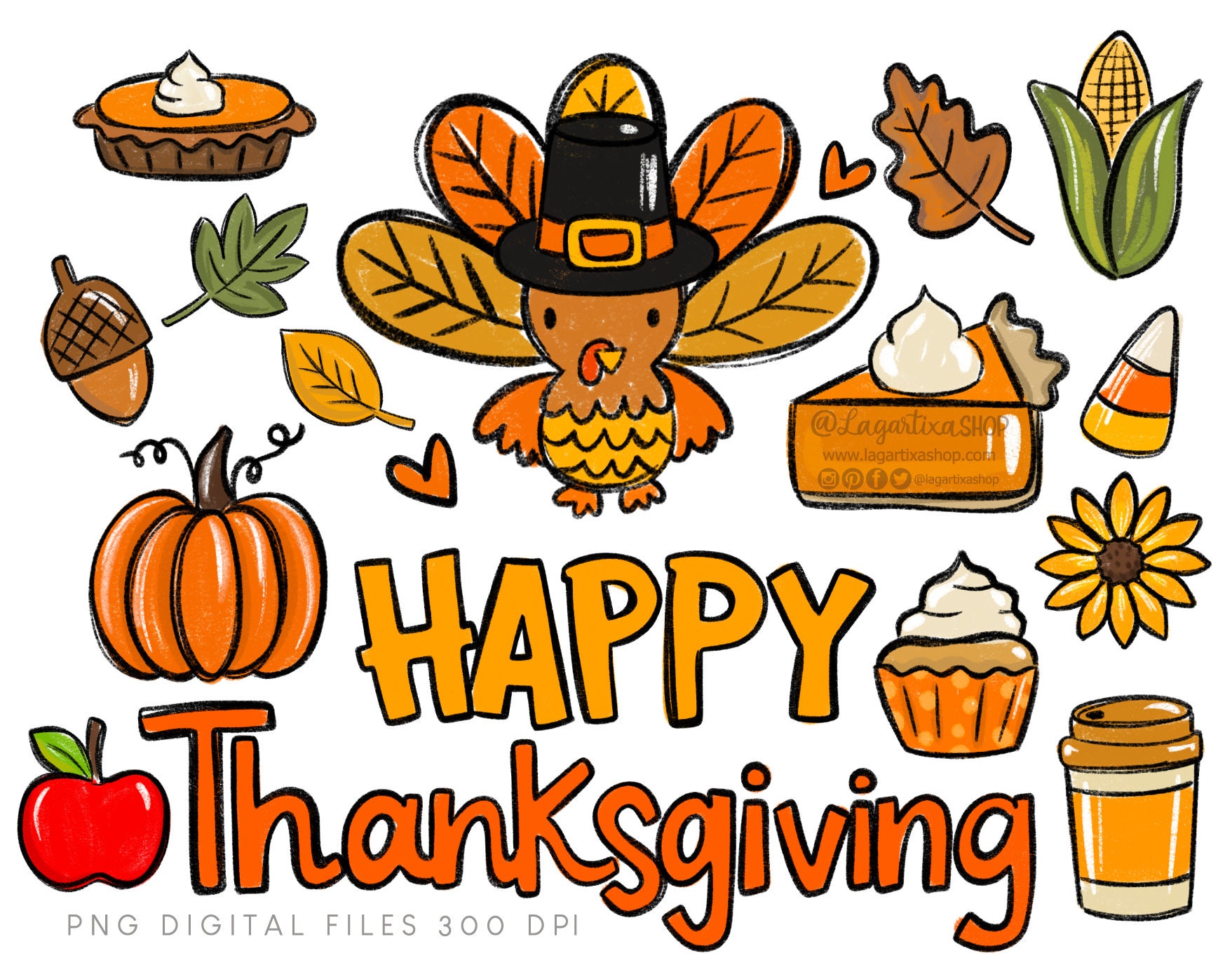 Día de Acción de Gracias Clip art Imagenes Thanksgiving Day Pavo Calabaza Pie Pay Manzanas Dia de la cosecha elotes girasoles otoño hojas - Etsy México