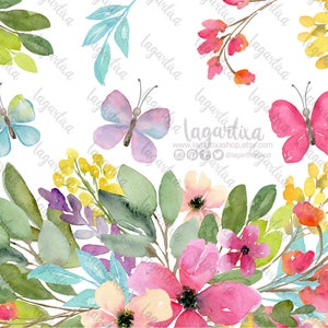 Op de afbeelding: Waterverf schilderij van een bloemenboeket met roze, gele en blauwe bloemen, groene bladeren en drie vlinders. De vlinders zijn roze, paars en blauw. De tekst "Lagartixa" staat in het midden van de afbeelding.