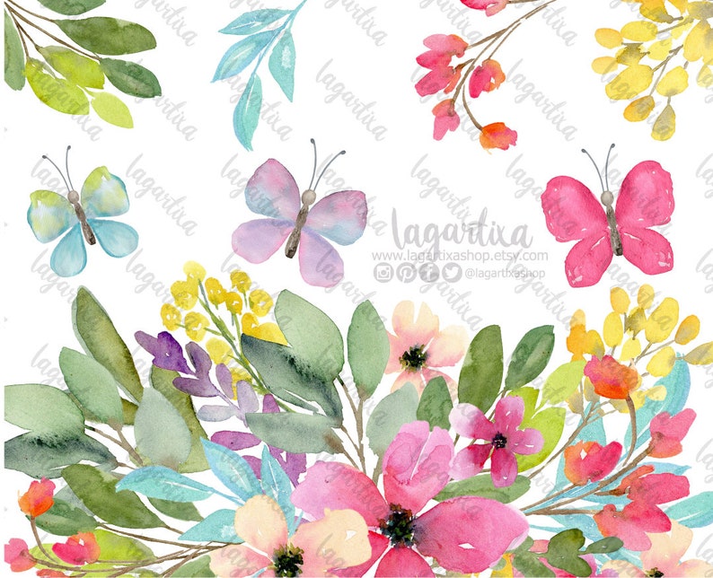 Op de afbeelding: Waterverf schilderij van een bloemenboeket met roze, gele en blauwe bloemen, groene bladeren en drie vlinders. De vlinders zijn roze, paars en blauw. De tekst "Lagartixa" staat in het midden van de afbeelding.