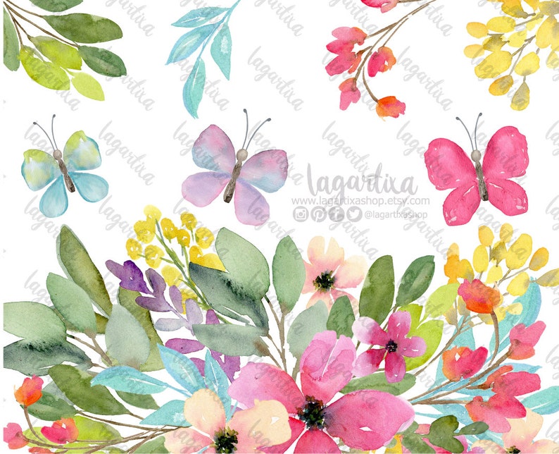 Butterflies and Floral Watercolor Floral clipart, PNG hand painted Red HOt Pink Floral Wreath Borders Digital papers small dots stripes art image 2