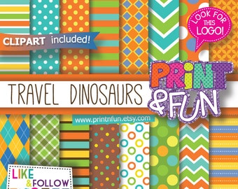 Dinosaurs Digital Paper Orange Green, Yellow, Turquoise Colors, Patterns Backgrounds Scrapbooking, Chevron, small dots, stripes, argyle kids