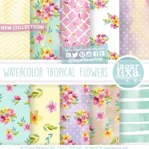 Watercolor Floral Digital Paper, tropical patterns, pink, turquoise, yellow, blue, red flowers, bridal shower, wedding, for invitations