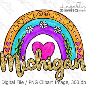 Michigan Rainbow Sublimation Design / Digitale Datei Sofort Download / PNG Glitzereffekt / USA Karten / Frühling Sommer Design für T-Shirt Art
