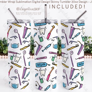 Dentist Seamless Sublimation Art Doctor Medical Designs, dentist ideas Odontology Tools Hand drawn Doodles Skinny Tumbler 20 oz Digital file image 3