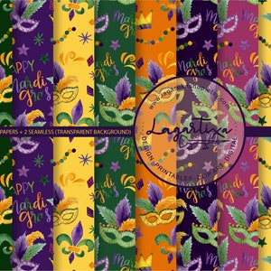 Mardi Gras Aquarelle Sans couture Papier numérique Carnaval Violet, Parade Fat Tuesday Green Yellow, Masque de Carnaval, Lettrage, Nouvelle-Orléans