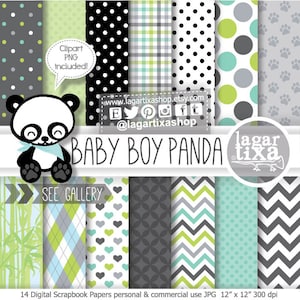Panda Boy Bear, Digital Paper, Patterns, Clipart Images Included, Gray, Green, Black, Turquoise, Lime, Chevron, Argyle, Bamboo, Frames,