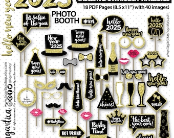 Photo Booth 2025 Props Printables Gold Glitter Black New Year&#39;s Eve Party events, mustaches, hats, kisses, glasses, ties, crown, funny signs