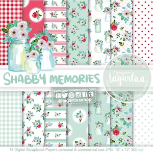 May include: 14 digital scrapbook papers with floral patterns in shades of red, white, and green. The patterns include gingham, stripes, polka dots, and floral arrangements in mason jars. The papers are 12 inches by 12 inches and 300 dpi.