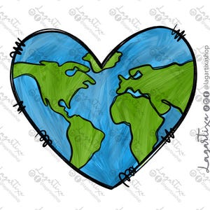 Hart Planeet | Milieu | Aardebewustzijn | Red de aarde | Klimaatverandering | Sublimatie-afbeelding PNG Digitaal bestand, met de hand getekend