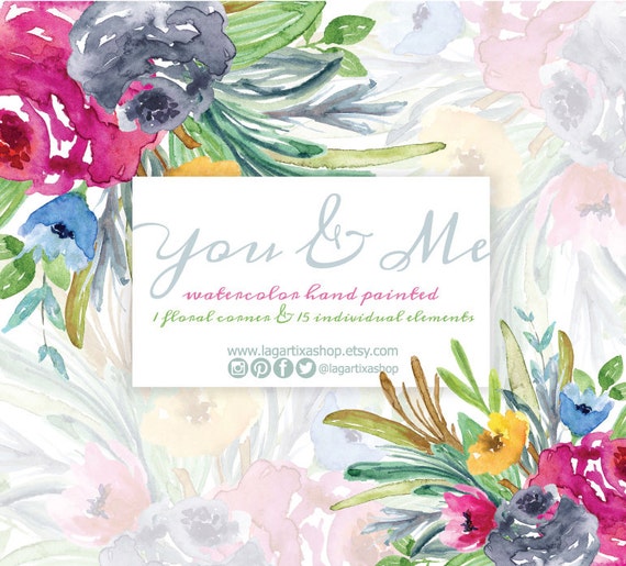 Flores en Acuarela, Clipart PNG, pintadas a mano, arreglo de flores, marcos, para invitaciones, despedida de soltera, tarjetas, blog