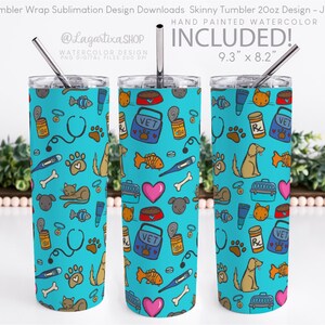 May include: A sublimation design for a 20 ounce skinny tumbler featuring a blue background with a pattern of various pet-related items, including paw prints, bones, hearts, fish, a stethoscope, a pill bottle, a dog, a cat, a pet carrier, and a bowl of food. The text "VET" is repeated throughout the design. The design is 9.3 inches by 8.2 inches.