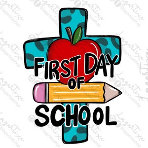 Primeiro dia de aula Apple Pencil Sublimation Teacher PNG Design para camisetas, canecas, copos, toalha desenhada à mão decoração de escola de arte digital