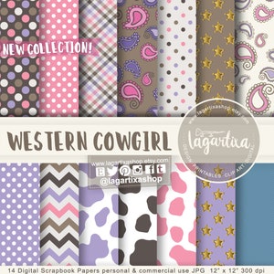 western cowgirl Digital Paper girly jeans Pattern cow animal print pink purple bandana kerchief chevron Background Blog by Lagartixa
