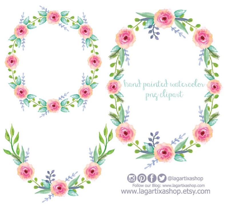 Pink Roses Watercolor Clipart Shabby Chic Floral Wreath | Etsy