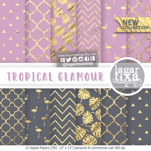 Puede incluir: Doce papeles digitales con un tema de glamour tropical. Los papeles presentan una variedad de patrones, incluyendo diseños geométricos, hojas tropicales y flamencos. Los papeles están en tonos de rosa, gris y dorado.