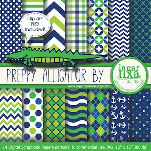 Peut inclure: Un ensemble de 14 papiers numériques pour scrapbooking avec un motif d'alligator preppy. Les papiers comprennent divers motifs en vert, bleu et blanc, tels que des pois, des rayures et des chevrons. Les papiers mesurent 30,5 cm sur 30,5 cm et 300 dpi.