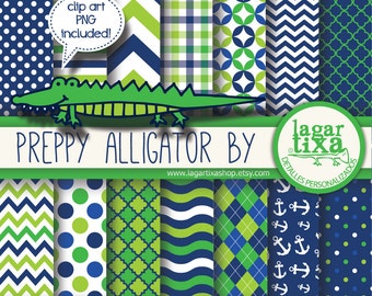 preppy Alligator digital paper green and blue polkadots, chevrons quatrefoil argyle patterns backgrounds scrapbooking alligator party