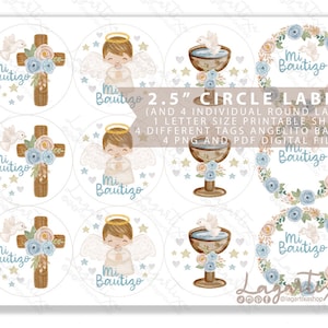 Angelitos Bautizo  Acuarela de Cruces Etiquetas circulares Imprimir tamaño JPG Carta 8.5 x 11 con Flores para recuerditos bautizo comunion