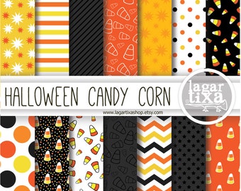 Halloween Candy Corn Patterns digital paper Gray Grey Black Yellow orange and White chevron large small Dots Stripes backgrounds for blog