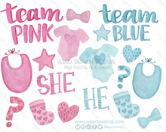 Gender Reveal Blue or Pink Boy or Girl Team Boy Team Girl Baby Shower Watercolor Clipart Elements He or She Funny Party Surprise Balloon