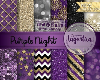 Gold Purple Black New Year&#39;s Eve Digital Paper Blog background for Invitations Elegant event chevron glitter gold foil bokeh gift tags