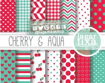Red Aqua Turquoise Digital Paper Background Cherry Red Teal Aqua chevron gingham shabby dots houndstooth hearts scrapbooking