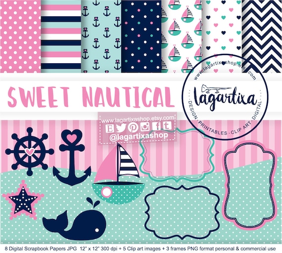 Pink Nautical Digital Paper Navy Teal Marine Turquoise Girly Etsy