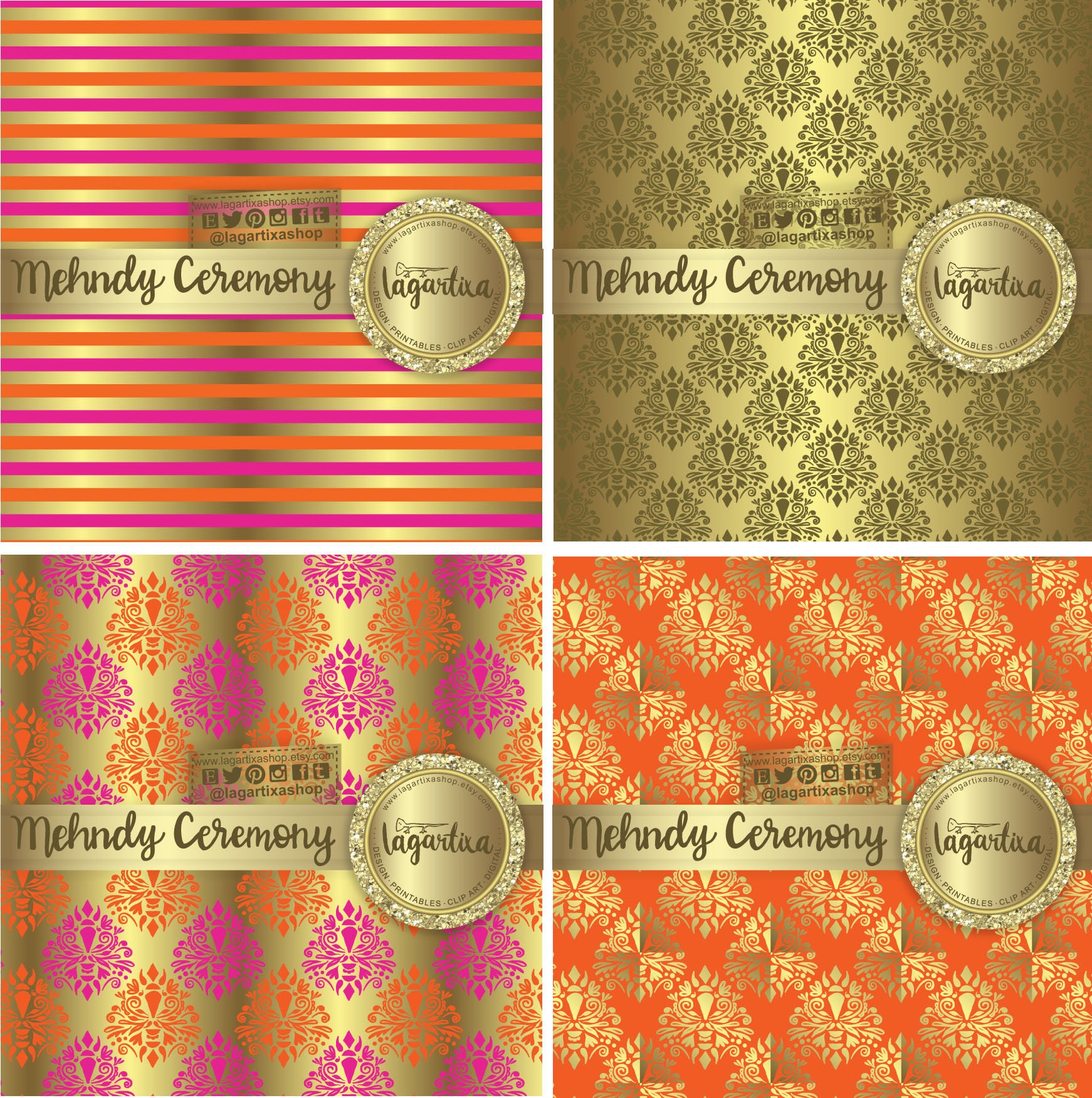Mehndi Indian Gold Hot Pink Tangerine Orange Wedding Digital - Etsy