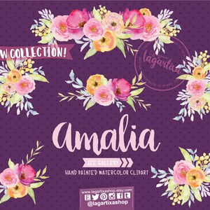 May include: A set of four watercolor floral bouquets in shades of pink, yellow, and green. The bouquets are arranged on a purple background with white polka dots. The text "NEW COLLECTION!" and "Amalia" are displayed above the bouquets. The text "SEE GALLERY" and "HAND PAINTED WATERCOLOR CLIPART" are displayed below the bouquets. The text "www.lagartixashop.etsy.com" and "@lagartixashop" are displayed at the bottom of the image.