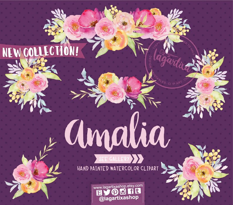 May include: A set of four watercolor floral bouquets in shades of pink, yellow, and green. The bouquets are arranged on a purple background with white polka dots. The text "NEW COLLECTION!" and "Amalia" are displayed above the bouquets. The text "SEE GALLERY" and "HAND PAINTED WATERCOLOR CLIPART" are displayed below the bouquets. The text "www.lagartixashop.etsy.com" and "@lagartixashop" are displayed at the bottom of the image.