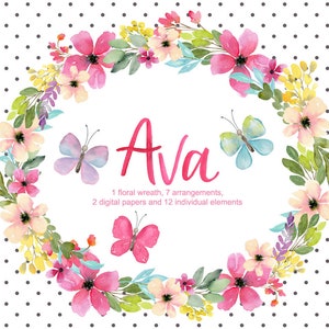 Op de afbeelding: Een aquarel bloemenkrans met roze, gele en blauwe bloemen, groene bladeren en vlinders. De krans omringt de naam "Ava" in roze letters. De tekst eronder luidt "1 bloemenkrans, 7 arrangementen, 2 digitale papieren en 12 individuele elementen".