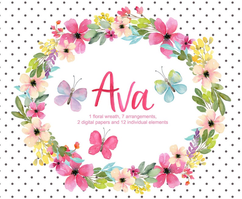 Op de afbeelding: Een aquarel bloemenkrans met roze, gele en blauwe bloemen, groene bladeren en vlinders. De krans omringt de naam "Ava" in roze letters. De tekst eronder luidt "1 bloemenkrans, 7 arrangementen, 2 digitale papieren en 12 individuele elementen".