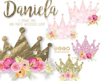 Princess crown, Florals Watercolor Flowers, clip art, png hand painted, crowns, gold foil, gold glitter, pale pink, for invitationes, labels
