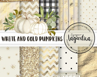 White Pumpkins Watercolors, Gold foil glitter, Clip art, png, leaves, for desserts recipes, prints, wall art, Happy Autumn, events, fall art