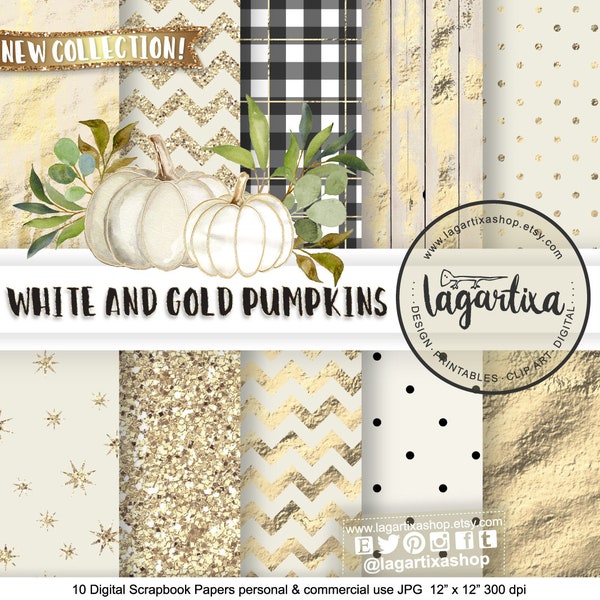 White Pumpkins Watercolors, Gold foil glitter, Clip art, png, leaves, for desserts recipes, prints, wall art, Happy Autumn, events, fall art