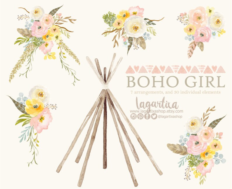 Teepee, Skull Bull Tipi and floral Watercolor Boho clipart, PNG, Let's go Glamping Birthday Party Theme, Sleepover, glam camping for girls image 3