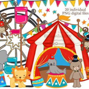May include: A set of 20 digital clipart images featuring a circus theme. The images include a red and white striped tent, a Ferris wheel, a lion, a tiger, a seal, a bear, an elephant, a monkey, and balloons. The images are perfect for creating invitations, party decorations, or scrapbooking projects.