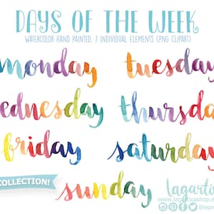 Days of the week lettering Watercolor Hand painted english png clipart for Planners calendars, words quotes for invitations birthday cursive