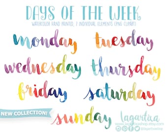 Days of the week lettering Watercolor Hand painted english png clipart for Planners calendars, words quotes for invitations birthday cursive