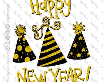 Gold Glitter Happy New Year Clipart PNG Digital Files, Sublimation Image for gifts hand drawn colored doodles lettering aerosol effect