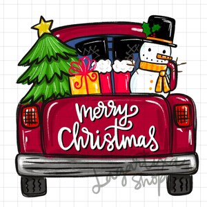 Camion de Noël vintage rouge Conception numérique | téléchargement instantané dessiné à la main | bonhomme de neige, cadeau, père Noël, arbre de Noël | conception de t-shirts | art