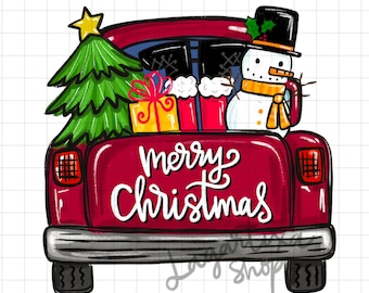 May include: A red truck bed illustration with a green Christmas tree, wrapped gifts, and a snowman wearing a top hat and scarf. The words "merry Christmas" are written in white script across the truck bed.