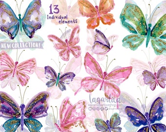 Butterflies Gold Glitter Colorful hand painted Watercolor Butterfly clipart, PNG, sublimation image, digital art, for blog banner