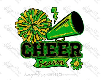 May include: A graphic design with a green and gold pom-pom, megaphone, and lightning bolt. The word "CHEER" is in large, black letters with a green outline, above the word "Season" on a banner, and a smiling flower.