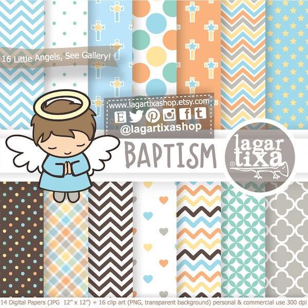 Baptism Digital Paper Little Angels Baby boy Clip art Brown Blue Orange Patterns Latin Afroamerican Blonde Crosses Chevron Hearts Baptism