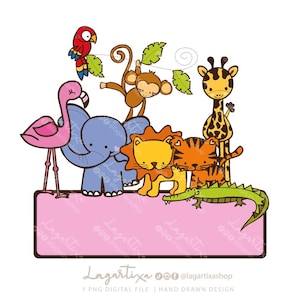 May include: A pink flamingo, a blue elephant, a lion, a tiger, a giraffe, a monkey, and a crocodile are standing on a pink banner with the text "Lagartixa" on it. The animals are all cartoon-style and have friendly expressions.